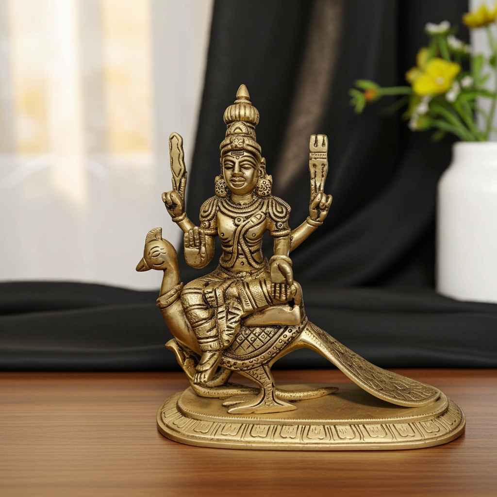 Brass Murugar Idol Sitting on Peacock