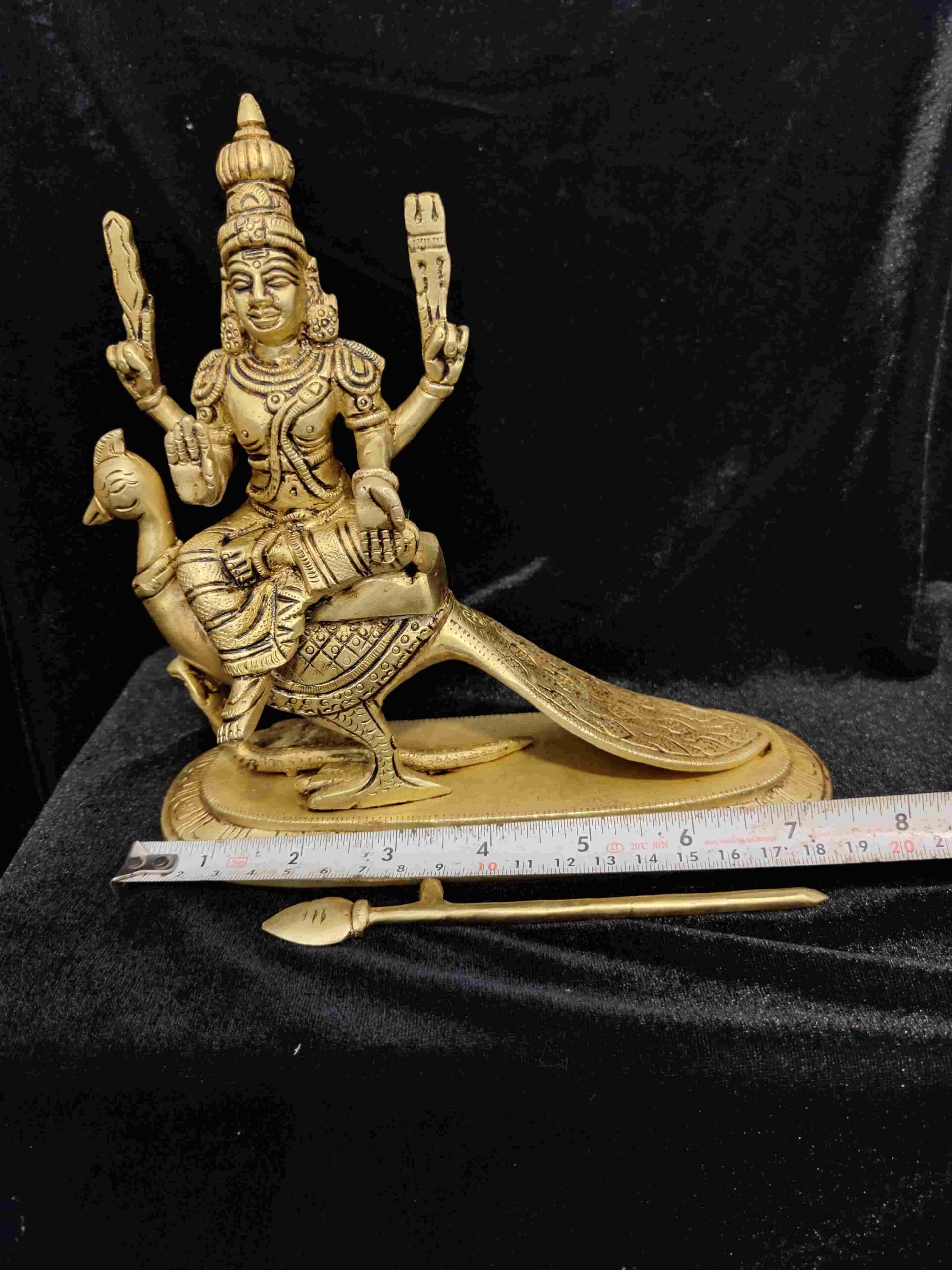 8 inch brass Murugar statue sitting on peacock handcrafted