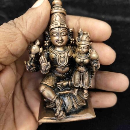 Handmade Copper Perumal with Lakshmi Statue 3 Inch Antique Finish for Home Pooja by Thamiram Handicrafts